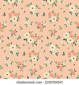 Seamless floral pattern, cute flower print with pretty small flowers. Romantic ditsy design, liberty arrangement of tiny hand drawn flowers, leaves on pink background. Vector botanical illustration.