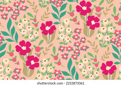 Seamless floral pattern, cute flower print with hand drawn spring plants. Girly botanical background with small, large flowers, leaves, pretty meadow in pink colors. Vector illustration.