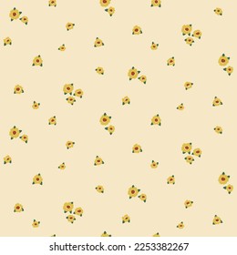 Seamless floral pattern, cute flower print with mini flowers buds. Romantic ditsy design with fine hand drawn botany: tiny yellow flowers, leaves on a light background. Vector illustration.