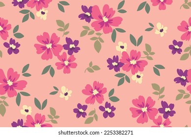 Nahtlose Blumenmuster, süßer Blumendruck in hübschen rosa Farben. Romantischer, dicker Hintergrund mit kleinen, handgezeichneten Blumen, winzige Blätter in einer Freiheitsanordnung. Botanisches Design, Vektorgrafik.