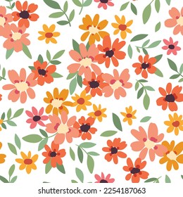 Seamless floral pattern, cute flower print with small spring botany on a white background. Pretty ditsy design with tiny hand drawn flowers, leaves in liberty arrangement. Trendy floral cover. Vector.