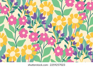 Seamless floral pattern, cute flower print with summer meadow, pretty cartoon style plants. Colorful botanical background with large hand drawn flowers, leaves. Vector illustration.
