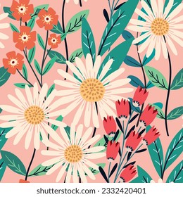 Seamless floral pattern, cute flower print with large cartoon chamomiles. Pretty botanical design, gentle ornament: hand drawn flowers, leaves, branches on a light pink background. Vector illustration