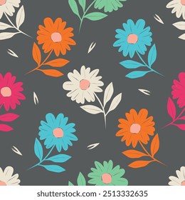Seamless floral pattern, cute flower print in pink colors. Pretty ditsy design for fabric, paper: small hand drawn plants, flowers, leaves in simple bouquets on a pink background. Vector illustration.