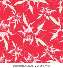 Seamless floral pattern, cute flower print in pink colors. Pretty ditsy design for fabric, paper: small hand drawn plants, flowers, leaves in simple bouquets on a pink background. Vector illustration.