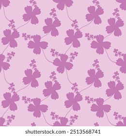 Seamless floral pattern, cute flower print in pink colors. Pretty ditsy design for fabric, paper: small hand drawn plants, flowers, leaves in simple bouquets on a pink background. Vector illustration.