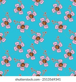 Seamless floral pattern, cute flower print in pink colors. Pretty ditsy design for fabric, paper: small hand drawn plants, flowers, leaves in simple bouquets on a pink background. Vector illustration.
