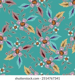 Patrón floral inconsútil, impresión linda de la flor en colores rosados. Diseño bastante elegante para la tela, papel: Pequeñas plantas dibujadas a mano, flores, hojas en ramos simples sobre un fondo rosa. Ilustración vectorial.