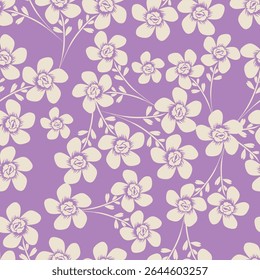 Padrão floral perfeito, impressão de flor bonito com botânica de primavera. Projeto bastante exigente: plantas selvagens desenhadas à mão: flores pequenas, folhas em um arranjo abstrato em um fundo claro. Ilustração vetorial