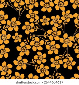 Padrão floral perfeito, impressão de flor bonito com botânica de primavera. Projeto bastante exigente: plantas selvagens desenhadas à mão: flores pequenas, folhas em um arranjo abstrato em um fundo claro. Ilustração vetorial