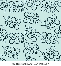 Seamless floral pattern, cute flower print with spring botany. Pretty ditsy design: hand drawn wild plants: small flowers, leaves in an abstract arrangement on a light background. Vector illustration