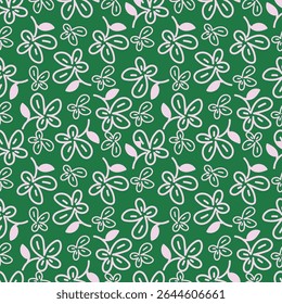 Padrão floral perfeito, impressão de flor bonito com botânica de primavera. Projeto bastante exigente: plantas selvagens desenhadas à mão: flores pequenas, folhas em um arranjo abstrato em um fundo claro. Ilustração vetorial