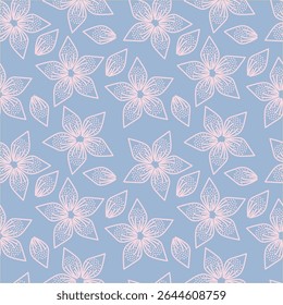 Padrão floral perfeito, impressão de flor bonito com botânica de primavera. Projeto bastante exigente: plantas selvagens desenhadas à mão: flores pequenas, folhas em um arranjo abstrato em um fundo claro. Ilustração vetorial