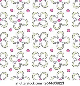 Seamless floral pattern, cute flower print with spring botany. Pretty ditsy design: hand drawn wild plants: small flowers, leaves in an abstract arrangement on a light background. Vector illustration