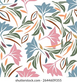 Padrão floral perfeito, impressão de flor bonito com botânica de primavera. Projeto bastante exigente: plantas selvagens desenhadas à mão: flores pequenas, folhas em um arranjo abstrato em um fundo claro. Ilustração vetorial