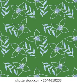 Padrão floral perfeito, impressão de flor bonito com botânica de primavera. Projeto bastante exigente: plantas selvagens desenhadas à mão: flores pequenas, folhas em um arranjo abstrato em um fundo claro. Ilustração vetorial