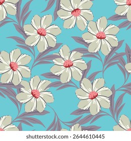 Seamless floral pattern, cute flower print with spring botany. Pretty ditsy design: hand drawn wild plants: small flowers, leaves in an abstract arrangement on a light background. Vector illustration