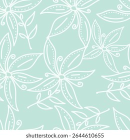 Padrão floral perfeito, impressão de flor bonito com botânica de primavera. Projeto bastante exigente: plantas selvagens desenhadas à mão: flores pequenas, folhas em um arranjo abstrato em um fundo claro. Ilustração vetorial