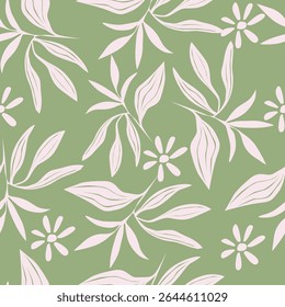 Padrão floral perfeito, impressão de flor bonito com botânica de primavera. Projeto bastante exigente: plantas selvagens desenhadas à mão: flores pequenas, folhas em um arranjo abstrato em um fundo claro. Ilustração vetorial