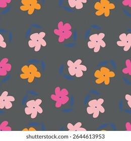 Seamless floral pattern, cute flower print with spring botany. Pretty ditsy design: hand drawn wild plants: small flowers, leaves in an abstract arrangement on a light background. Vector illustration