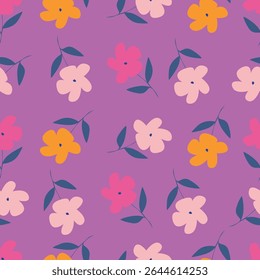 Seamless floral pattern, cute flower print with spring botany. Pretty ditsy design: hand drawn wild plants: small flowers, leaves in an abstract arrangement on a light background. Vector illustration