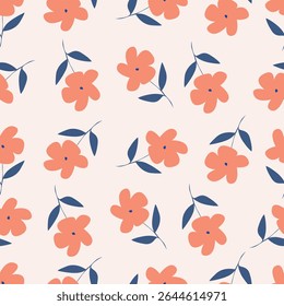 Nahtloses Blumenmuster, süßer Blumendruck mit Frühlingsbotanik. Ziemlich schickes Design: handgezeichnete Wildpflanzen: kleine Blumen, Blätter in abstrakter Anordnung auf hellem Hintergrund. Vektorgrafik