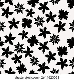 Seamless floral pattern, cute flower print with spring botany. Pretty ditsy design: hand drawn wild plants: small flowers, leaves in an abstract arrangement on a light background. Vector illustration