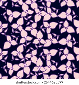Padrão floral perfeito, impressão de flor bonito com botânica de primavera. Projeto bastante exigente: plantas selvagens desenhadas à mão: flores pequenas, folhas em um arranjo abstrato em um fundo claro. Ilustração vetorial