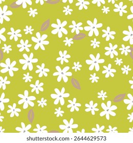 Padrão floral perfeito, impressão de flor bonito com botânica de primavera. Projeto bastante exigente: plantas selvagens desenhadas à mão: flores pequenas, folhas em um arranjo abstrato em um fundo claro. Ilustração vetorial