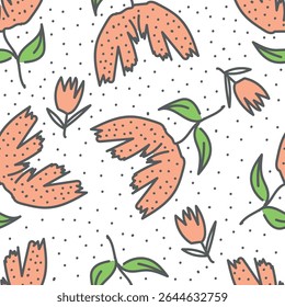 Seamless floral pattern, cute flower print with spring botany. Pretty ditsy design: hand drawn wild plants: small flowers, leaves in an abstract arrangement on a light background. Vector illustration