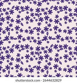 Seamless floral pattern, cute flower print with spring botany. Pretty ditsy design: hand drawn wild plants: small flowers, leaves in an abstract arrangement on a light background. Vector illustration