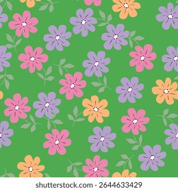 Seamless floral pattern, cute flower print with spring botany. Pretty ditsy design: hand drawn wild plants: small flowers, leaves in an abstract arrangement on a light background. Vector illustration