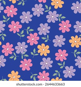 Seamless floral pattern, cute flower print with spring botany. Pretty ditsy design: hand drawn wild plants: small flowers, leaves in an abstract arrangement on a light background. Vector illustration
