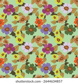 Padrão floral perfeito, impressão de flor bonito com botânica de primavera. Projeto bastante exigente: plantas selvagens desenhadas à mão: flores pequenas, folhas em um arranjo abstrato em um fundo claro. Ilustração vetorial