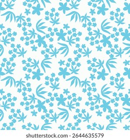 Seamless floral pattern, cute flower print with spring botany. Pretty ditsy design: hand drawn wild plants: small flowers, leaves in an abstract arrangement on a light background. Vector illustration