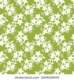 Seamless floral pattern, cute flower print with spring botany. Pretty ditsy design: hand drawn wild plants: small flowers, leaves in an abstract arrangement on a light background. Vector illustration