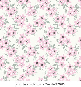 Padrão floral perfeito, impressão de flor bonito com botânica de primavera. Projeto bastante exigente: plantas selvagens desenhadas à mão: flores pequenas, folhas em um arranjo abstrato em um fundo claro. Ilustração vetorial