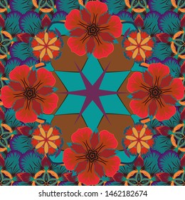 Seamless floral pattern in cute flowers in brown, red and blue colors. Vector illustration.