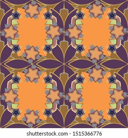 Seamless floral pattern in cute flowers in purple, orange and brown colors. Vector illustration.