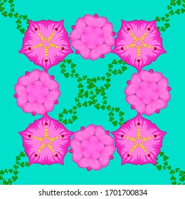 Seamless floral pattern in cute flowers in magenta, blue and pink colors. Vector illustration.