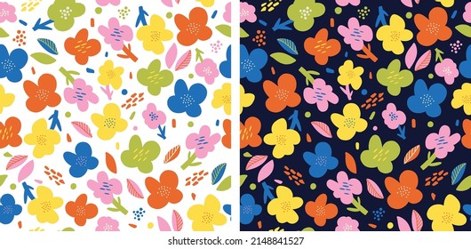 Seamless floral pattern with cute flowers ans leaves, colorful colors, vector elements
