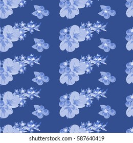 Seamless floral pattern with cute flowers and berries on blue background.For textile, cover, wallpaper, gift packaging, printing, scrapbooking.Romantic design for calico.