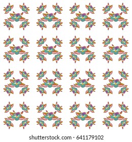 Seamless floral pattern in cute flowers in blue, orange and green colors. Vector illustration.