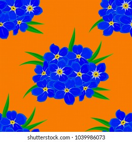 Seamless floral pattern in cute forget-me-not flowers in orange, blue and green colors. Vector illustration.