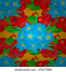 Seamless floral pattern in cute forget-me-not flowers on a yellow background. Vector illustration.
