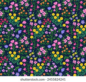 Seamless floral pattern. Cute garden flowers and leaves colorful pattern. 