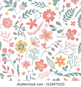 Seamless floral pattern with cute hand drawn meadow flowers on a white background. Vector background