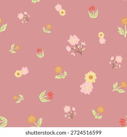 Padrão floral sem costura com belas flores desenhadas à mão e folhas, fundo rosa macio, ilustração botânica pastel
