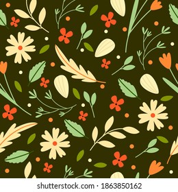 Seamless floral pattern with cute hand-drawn flowers and leaves