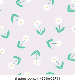 Seamless floral pattern. Cute hand-drawn cartoon flower and leaves. Natural farmhouse style. Spring or summer print for fabric, wrapping, textile, wallpaper, card, paper gift, phone case, stationery.